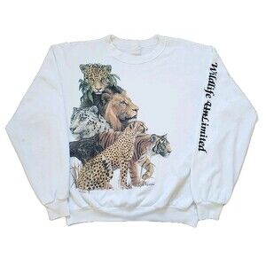 Vintage 80s Wildlife Unlimited Big Cats Size M-L Mens White Sweatshirt Harlequin